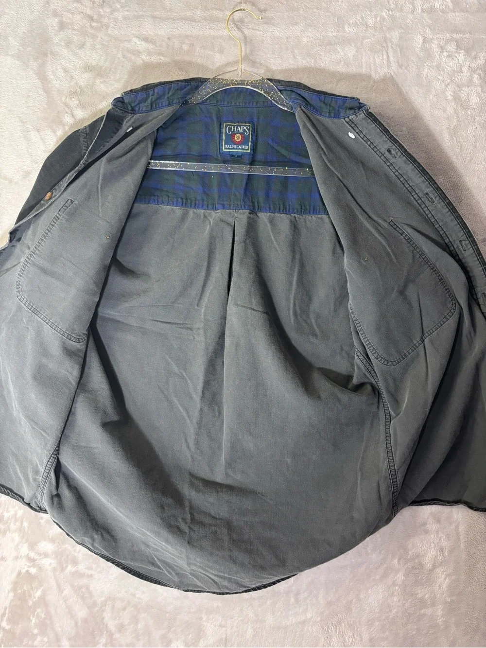 Vintage Chaps Ralph Lauren Shirt Mens Small Corduroy Gray Plaid Button Up